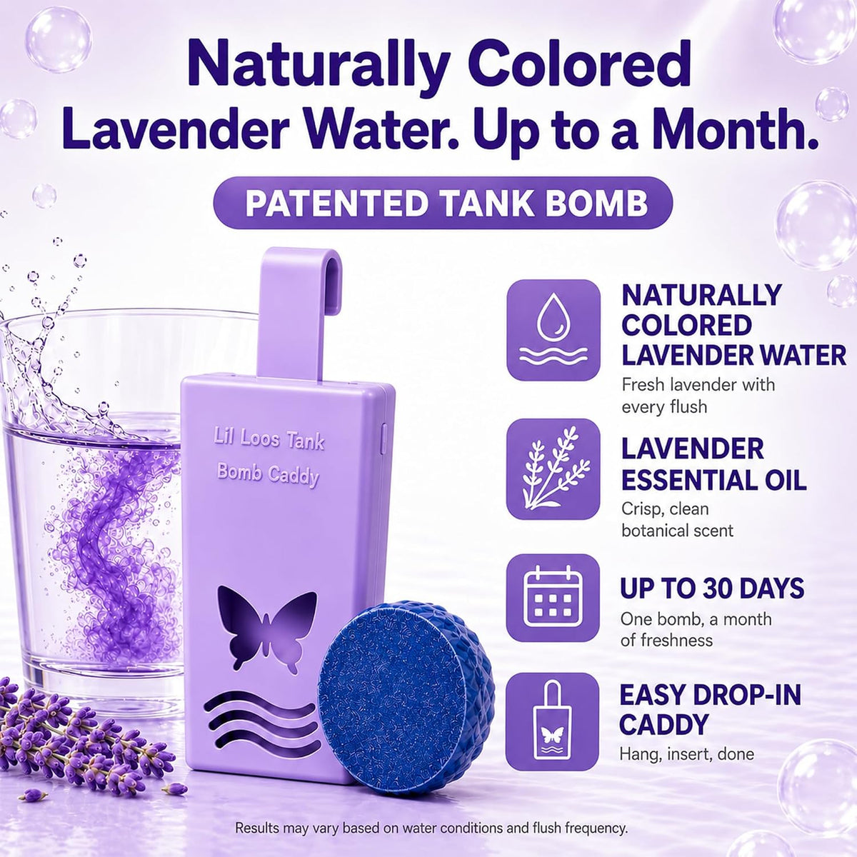 Toilet Tank Bomb & Caddy Automatic Drop-In Toilet Tank Freshener with Lavender Essential Oil Scent, Naturally Colored Lavender Water for Up to 30 Days Utility Patented Design (1 Bomb + Caddy)