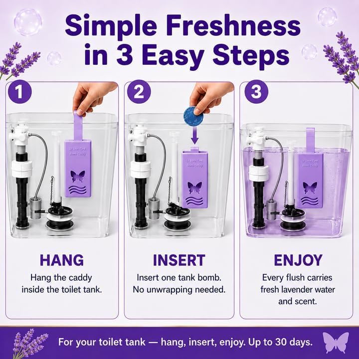 Toilet Tank Bomb & Caddy Automatic Drop-In Toilet Tank Freshener with Lavender Essential Oil Scent, Naturally Colored Lavender Water for Up to 30 Days Utility Patented Design (1 Bomb + Caddy)