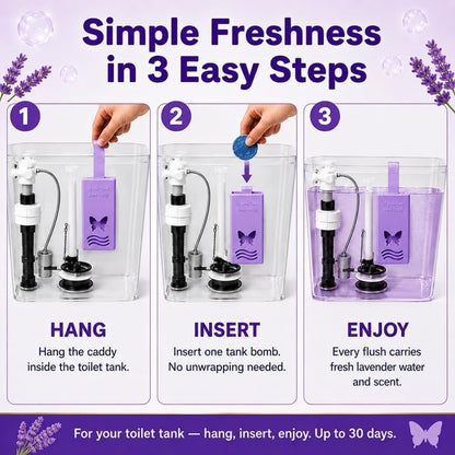 Toilet Tank Bomb & Caddy Automatic Drop-In Toilet Tank Freshener with Lavender Essential Oil Scent, Naturally Colored Lavender Water for Up to 30 Days Utility Patented Design (1 Bomb + Caddy)