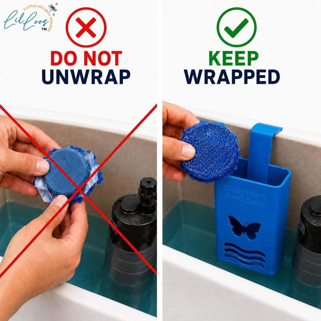 Toilet Tank Bomb & Caddy Automatic Drop-In Toilet Tank Freshener with Lavender Essential Oil Scent, Naturally Colored Lavender Water for Up to 30 Days Utility Patented Design (1 Bomb + Caddy)