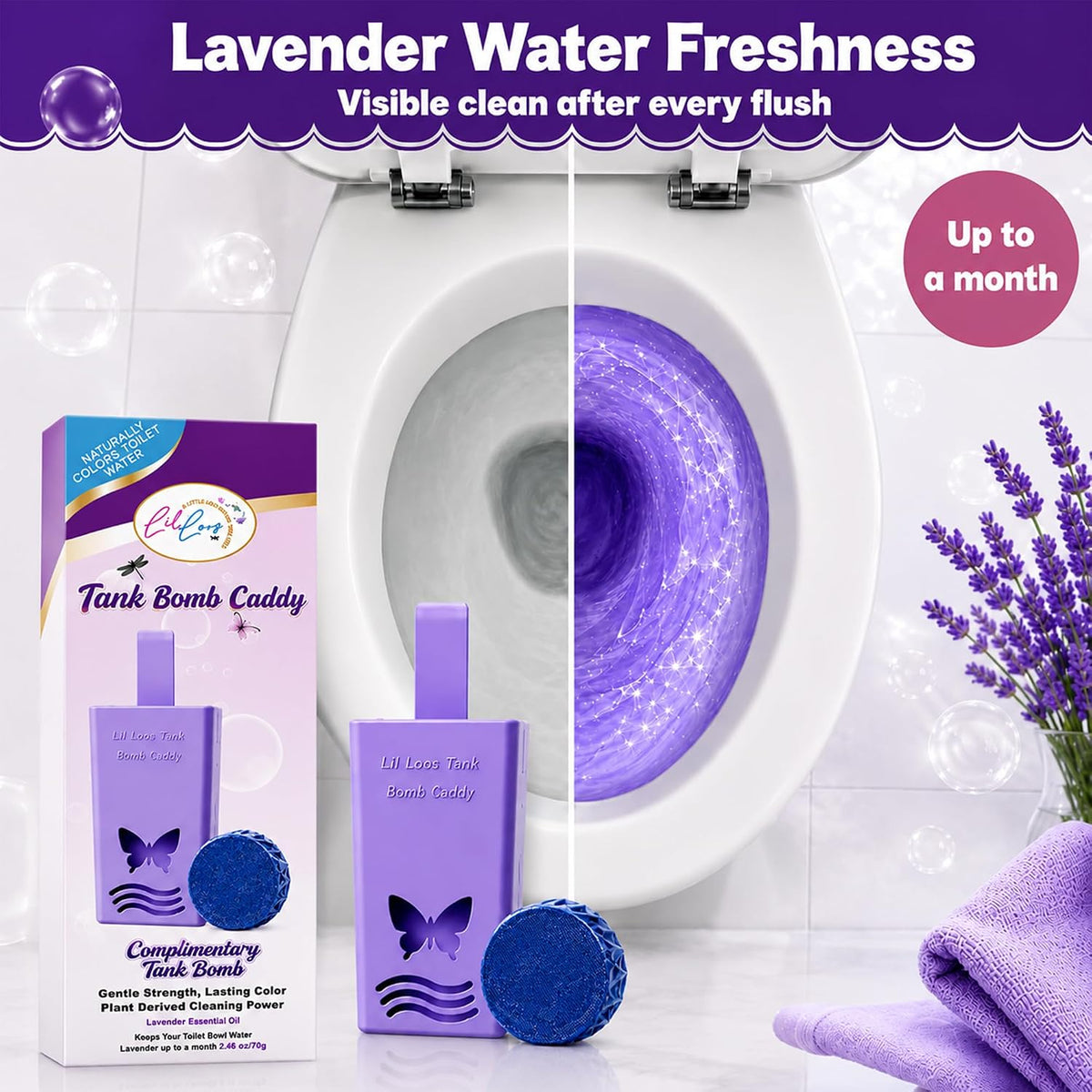 Toilet Tank Bomb & Caddy Automatic Drop-In Toilet Tank Freshener with Lavender Essential Oil Scent, Naturally Colored Lavender Water for Up to 30 Days Utility Patented Design (1 Bomb + Caddy)