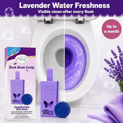 Toilet Tank Bomb & Caddy Automatic Drop-In Toilet Tank Freshener with Lavender Essential Oil Scent, Naturally Colored Lavender Water for Up to 30 Days Utility Patented Design (1 Bomb + Caddy)