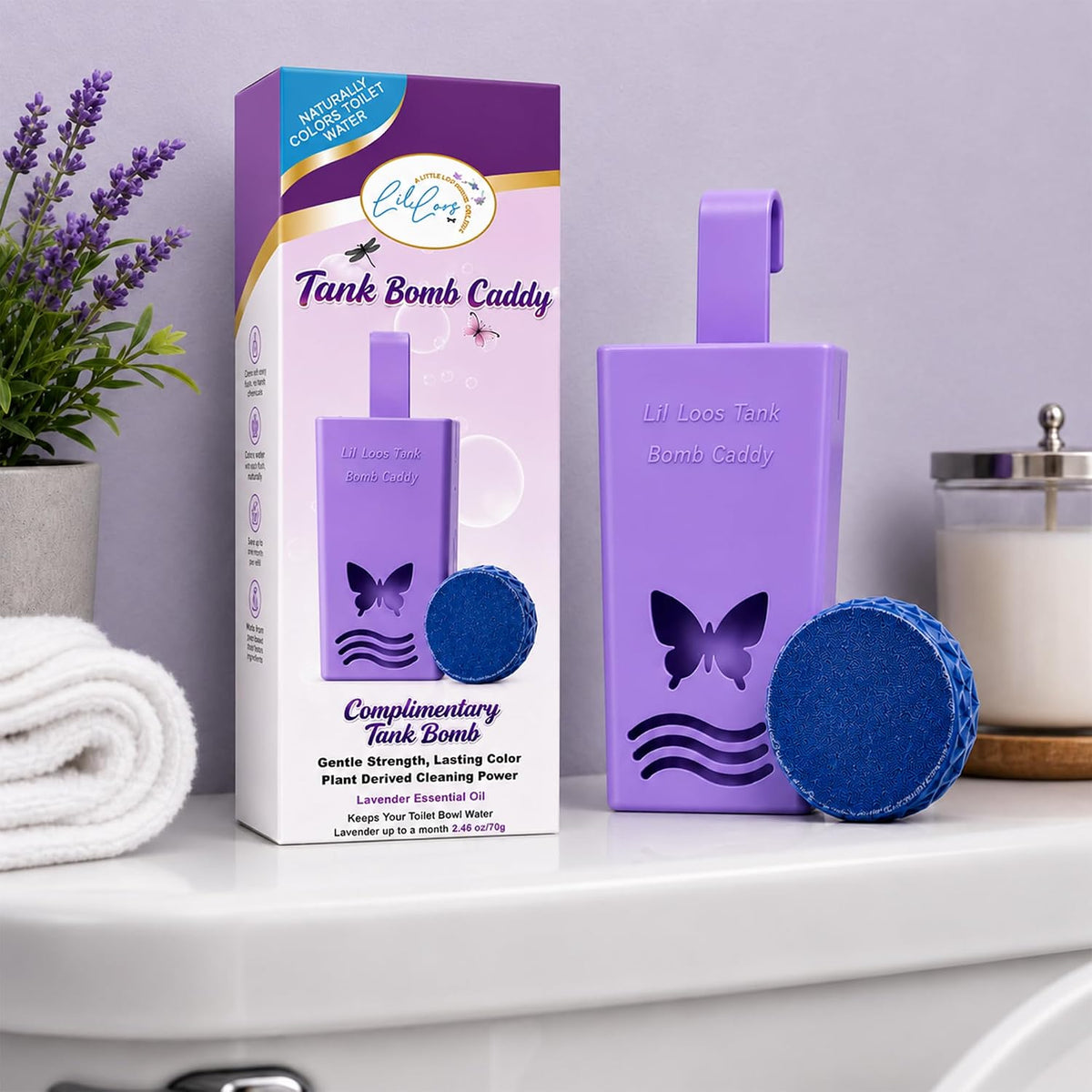 Toilet Tank Bomb & Caddy Automatic Drop-In Toilet Tank Freshener with Lavender Essential Oil Scent, Naturally Colored Lavender Water for Up to 30 Days Utility Patented Design (1 Bomb + Caddy)