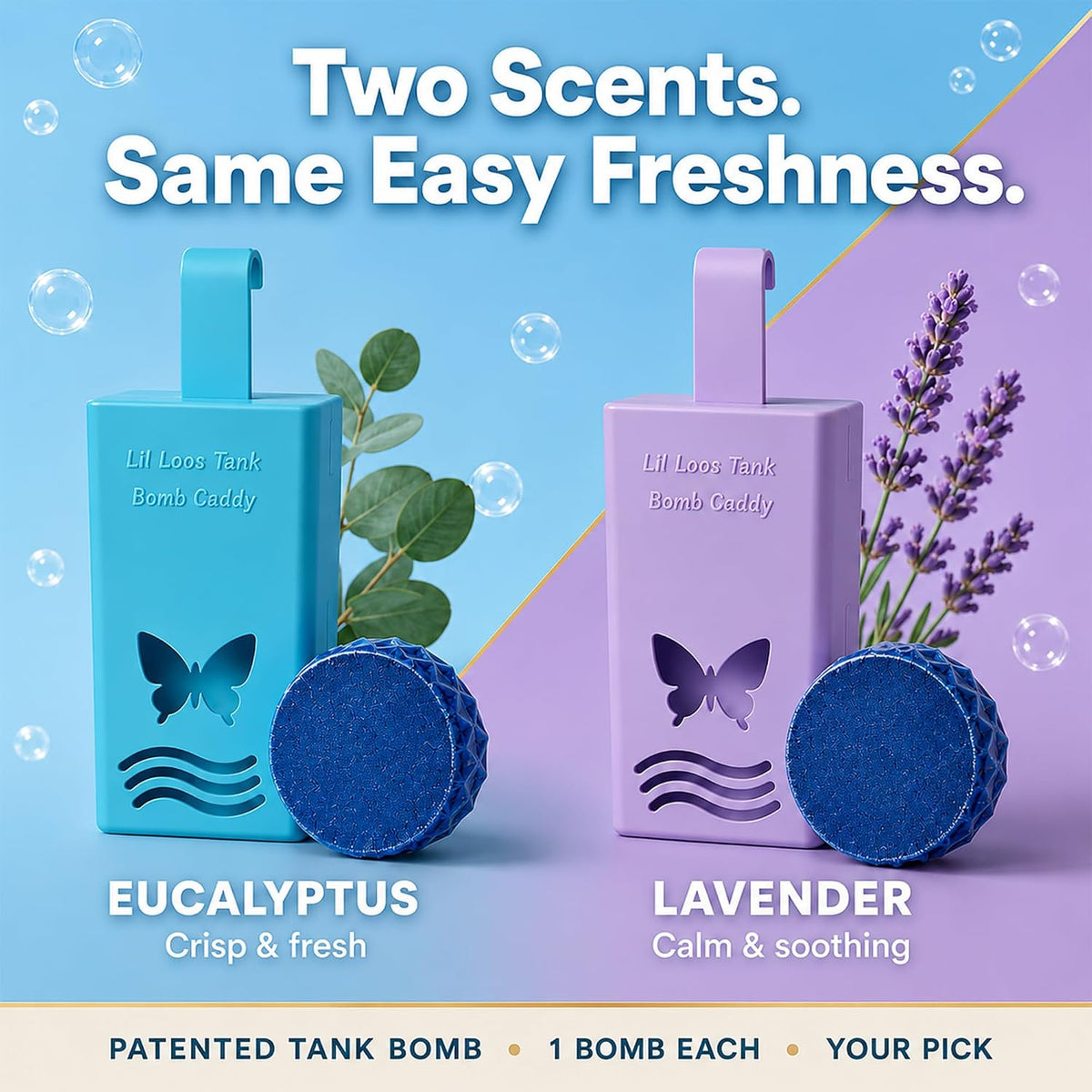 Toilet Tank Bomb & Caddy Automatic Drop-In Toilet Tank Freshener with Lavender Essential Oil Scent, Naturally Colored Lavender Water for Up to 30 Days Utility Patented Design (1 Bomb + Caddy)