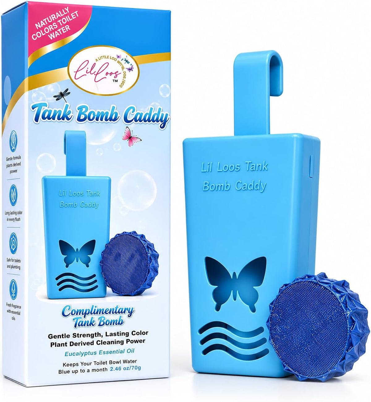 Toilet Tank Bomb & Caddy Automatic Drop-In Toilet Tank Freshener with Lavender Essential Oil Scent, Naturally Colored Lavender Water for Up to 30 Days Utility Patented Design (1 Bomb + Caddy)