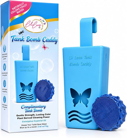Toilet Tank Bomb & Caddy Automatic Drop-In Toilet Tank Freshener with Lavender Essential Oil Scent, Naturally Colored Lavender Water for Up to 30 Days Utility Patented Design (1 Bomb + Caddy)