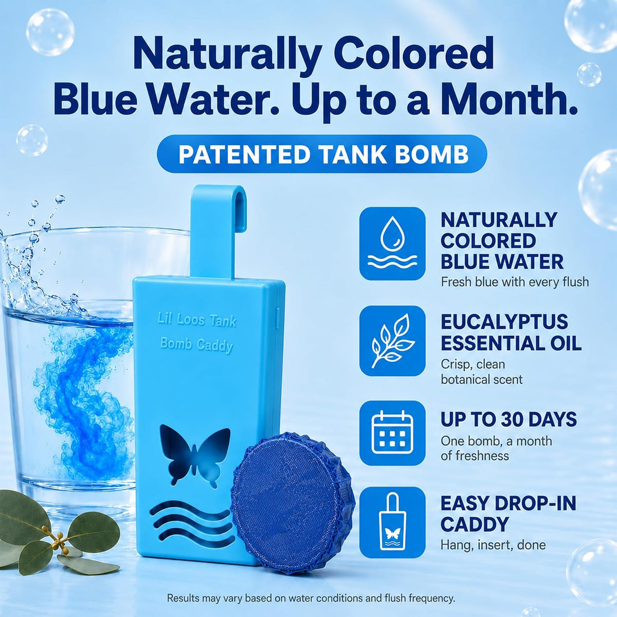 Toilet Tank Bomb & Caddy Automatic Drop-In Toilet Tank Freshener with Lavender Essential Oil Scent, Naturally Colored Lavender Water for Up to 30 Days Utility Patented Design (1 Bomb + Caddy)