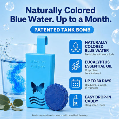Toilet Tank Bomb & Caddy Automatic Drop-In Toilet Tank Freshener with Lavender Essential Oil Scent, Naturally Colored Lavender Water for Up to 30 Days Utility Patented Design (1 Bomb + Caddy)