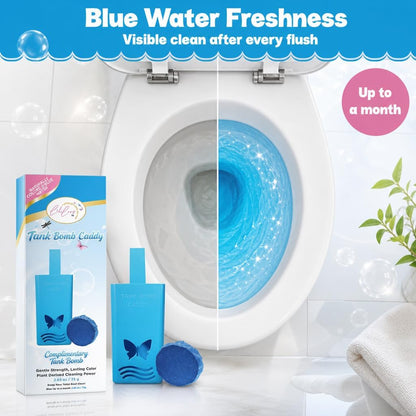 Toilet Tank Bomb & Caddy Automatic Drop-In Toilet Tank Freshener with Lavender Essential Oil Scent, Naturally Colored Lavender Water for Up to 30 Days Utility Patented Design (1 Bomb + Caddy)