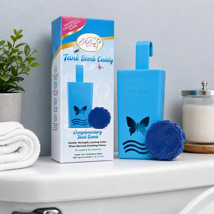 Toilet Tank Bomb & Caddy Automatic Drop-In Toilet Tank Freshener with Lavender Essential Oil Scent, Naturally Colored Lavender Water for Up to 30 Days Utility Patented Design (1 Bomb + Caddy)