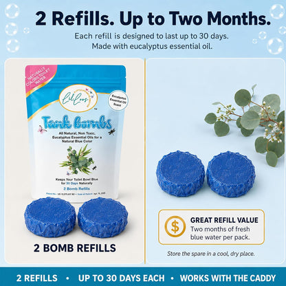 Toilet Tank Bomb & Caddy Automatic Drop-In Toilet Tank Freshener with Lavender Essential Oil Scent, Naturally Colored Lavender Water for Up to 30 Days Utility Patented Design (1 Bomb + Caddy)
