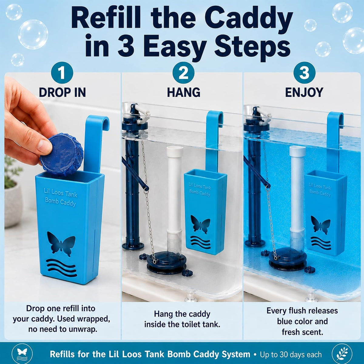 Toilet Tank Bomb & Caddy Automatic Drop-In Toilet Tank Freshener with Lavender Essential Oil Scent, Naturally Colored Lavender Water for Up to 30 Days Utility Patented Design (1 Bomb + Caddy)