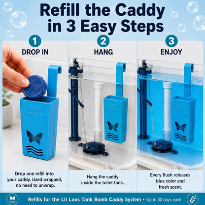 Toilet Tank Bomb & Caddy Automatic Drop-In Toilet Tank Freshener with Lavender Essential Oil Scent, Naturally Colored Lavender Water for Up to 30 Days Utility Patented Design (1 Bomb + Caddy)