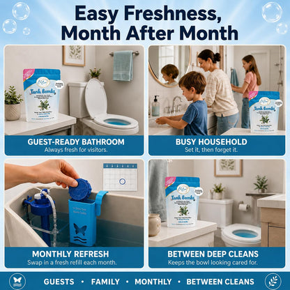 Toilet Tank Bomb & Caddy Automatic Drop-In Toilet Tank Freshener with Lavender Essential Oil Scent, Naturally Colored Lavender Water for Up to 30 Days Utility Patented Design (1 Bomb + Caddy)