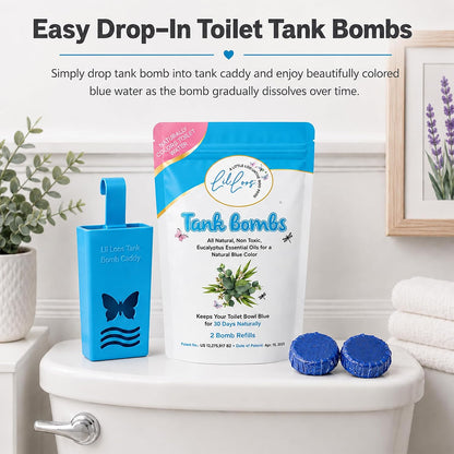 Toilet Tank Bomb & Caddy Automatic Drop-In Toilet Tank Freshener with Lavender Essential Oil Scent, Naturally Colored Lavender Water for Up to 30 Days Utility Patented Design (1 Bomb + Caddy)