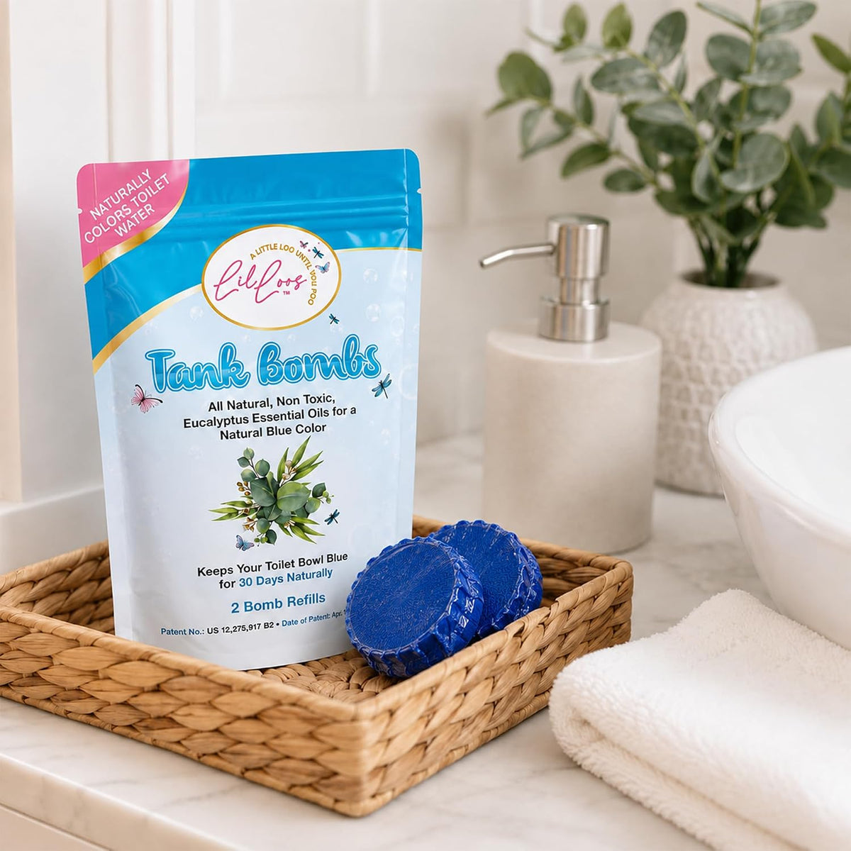 Toilet Tank Bomb & Caddy Automatic Drop-In Toilet Tank Freshener with Lavender Essential Oil Scent, Naturally Colored Lavender Water for Up to 30 Days Utility Patented Design (1 Bomb + Caddy)