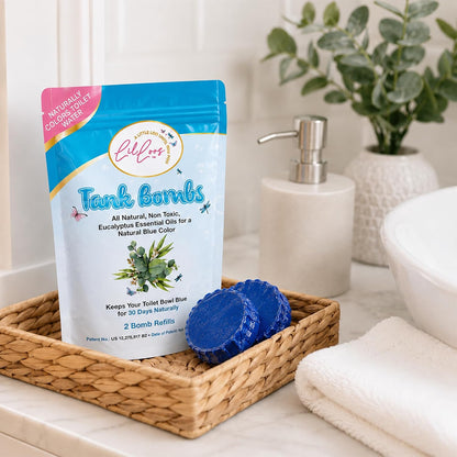 Toilet Tank Bomb & Caddy Automatic Drop-In Toilet Tank Freshener with Lavender Essential Oil Scent, Naturally Colored Lavender Water for Up to 30 Days Utility Patented Design (1 Bomb + Caddy)