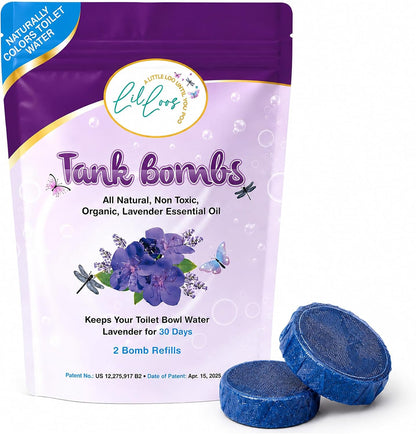 Toilet Tank Bomb & Caddy Automatic Drop-In Toilet Tank Freshener with Lavender Essential Oil Scent, Naturally Colored Lavender Water for Up to 30 Days Utility Patented Design (1 Bomb + Caddy)