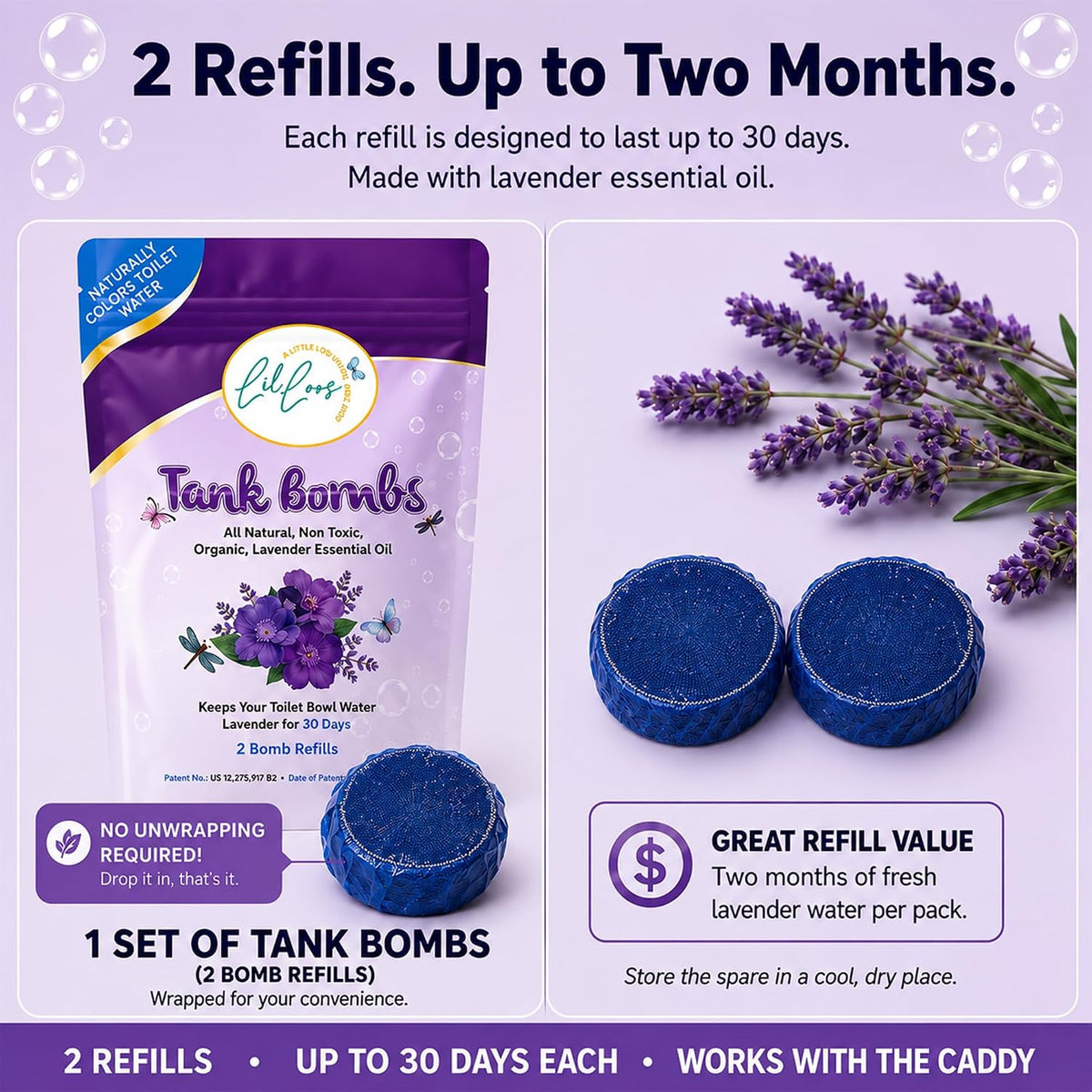 Toilet Tank Bomb & Caddy Automatic Drop-In Toilet Tank Freshener with Lavender Essential Oil Scent, Naturally Colored Lavender Water for Up to 30 Days Utility Patented Design (1 Bomb + Caddy)