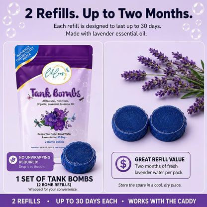 Toilet Tank Bomb & Caddy Automatic Drop-In Toilet Tank Freshener with Lavender Essential Oil Scent, Naturally Colored Lavender Water for Up to 30 Days Utility Patented Design (1 Bomb + Caddy)