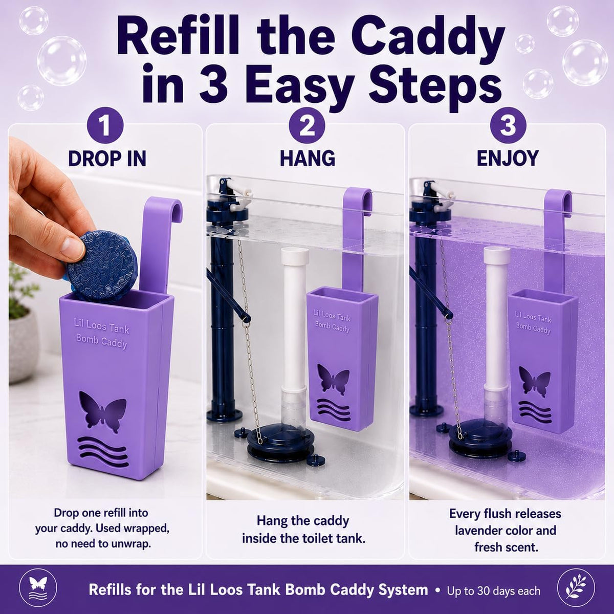 Toilet Tank Bomb & Caddy Automatic Drop-In Toilet Tank Freshener with Lavender Essential Oil Scent, Naturally Colored Lavender Water for Up to 30 Days Utility Patented Design (1 Bomb + Caddy)