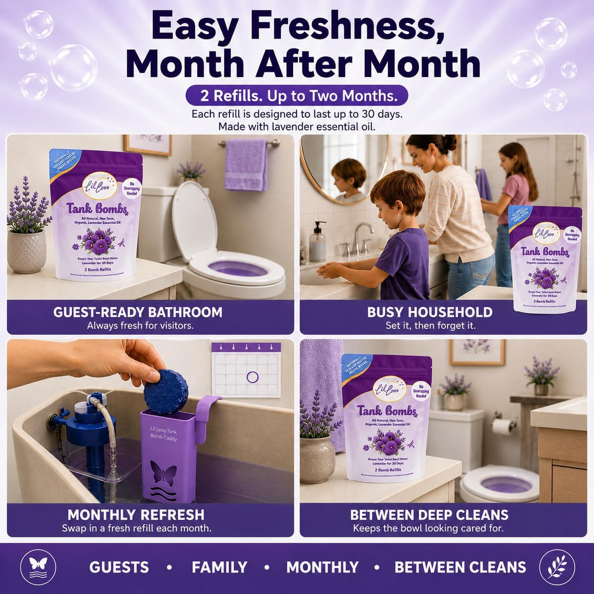 Toilet Tank Bomb & Caddy Automatic Drop-In Toilet Tank Freshener with Lavender Essential Oil Scent, Naturally Colored Lavender Water for Up to 30 Days Utility Patented Design (1 Bomb + Caddy)