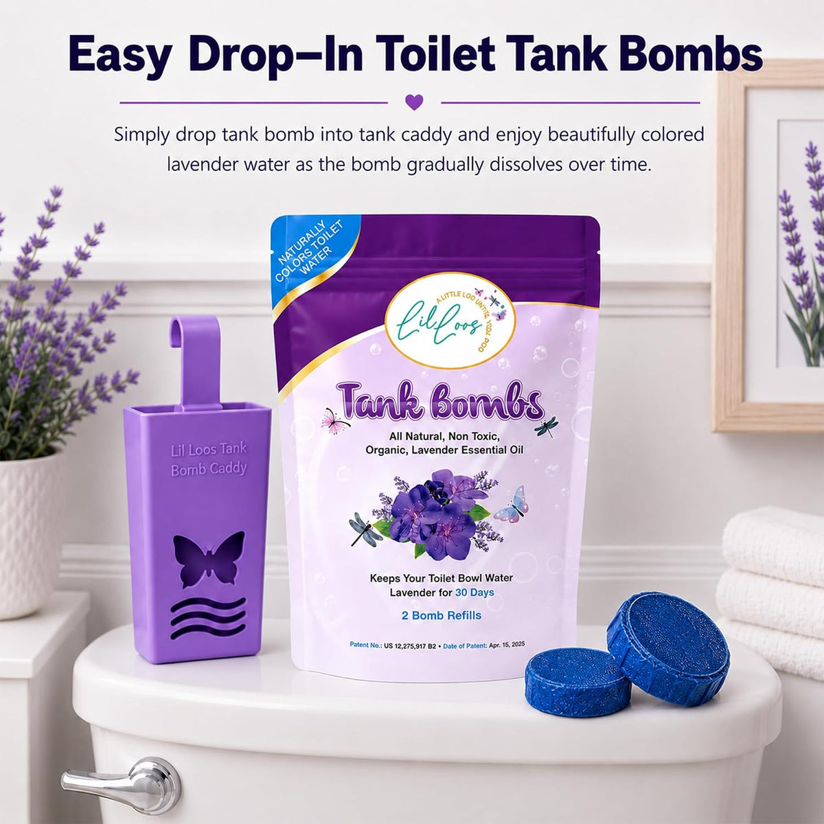 Toilet Tank Bomb & Caddy Automatic Drop-In Toilet Tank Freshener with Lavender Essential Oil Scent, Naturally Colored Lavender Water for Up to 30 Days Utility Patented Design (1 Bomb + Caddy)
