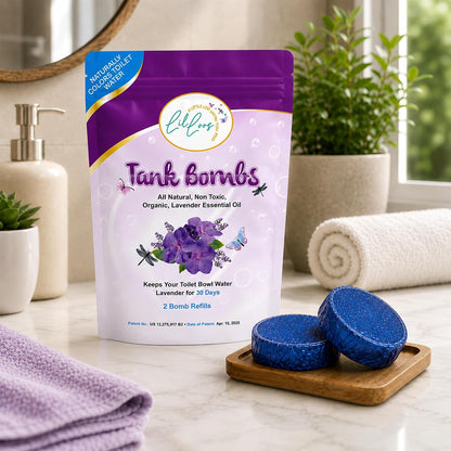 Toilet Tank Bomb & Caddy Automatic Drop-In Toilet Tank Freshener with Lavender Essential Oil Scent, Naturally Colored Lavender Water for Up to 30 Days Utility Patented Design (1 Bomb + Caddy)