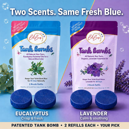Toilet Tank Bomb & Caddy Automatic Drop-In Toilet Tank Freshener with Lavender Essential Oil Scent, Naturally Colored Lavender Water for Up to 30 Days Utility Patented Design (1 Bomb + Caddy)