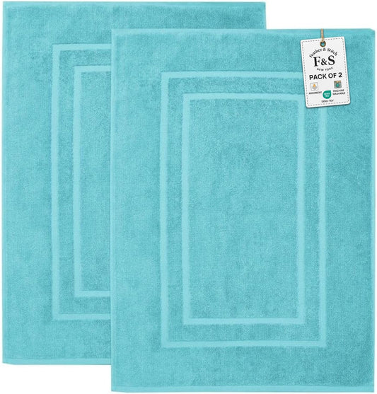 Feather & Stitch 2 Piece Towel Like Bath Mats (30x21 Inch) 100% Cotton Terry Bath Mats, Bathroom Shower Floor Mats [NOT A Bathroom Rug], Soft Absorbent Washable Mats - Pool Blue