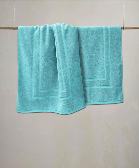 Feather & Stitch 2 Piece Towel Like Bath Mats (30x21 Inch) 100% Cotton Terry Bath Mats, Bathroom Shower Floor Mats [NOT A Bathroom Rug], Soft Absorbent Washable Mats - Pool Blue