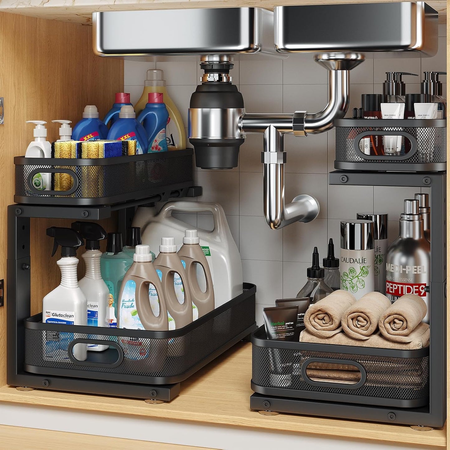 2 Pack With Smooth Cylindrical Rail,2-Tier Pull Out Multi-Purpose Cabinet Storage for Bathroom&Kitchen,Height Adjustable,Rust-resistant Coating-White