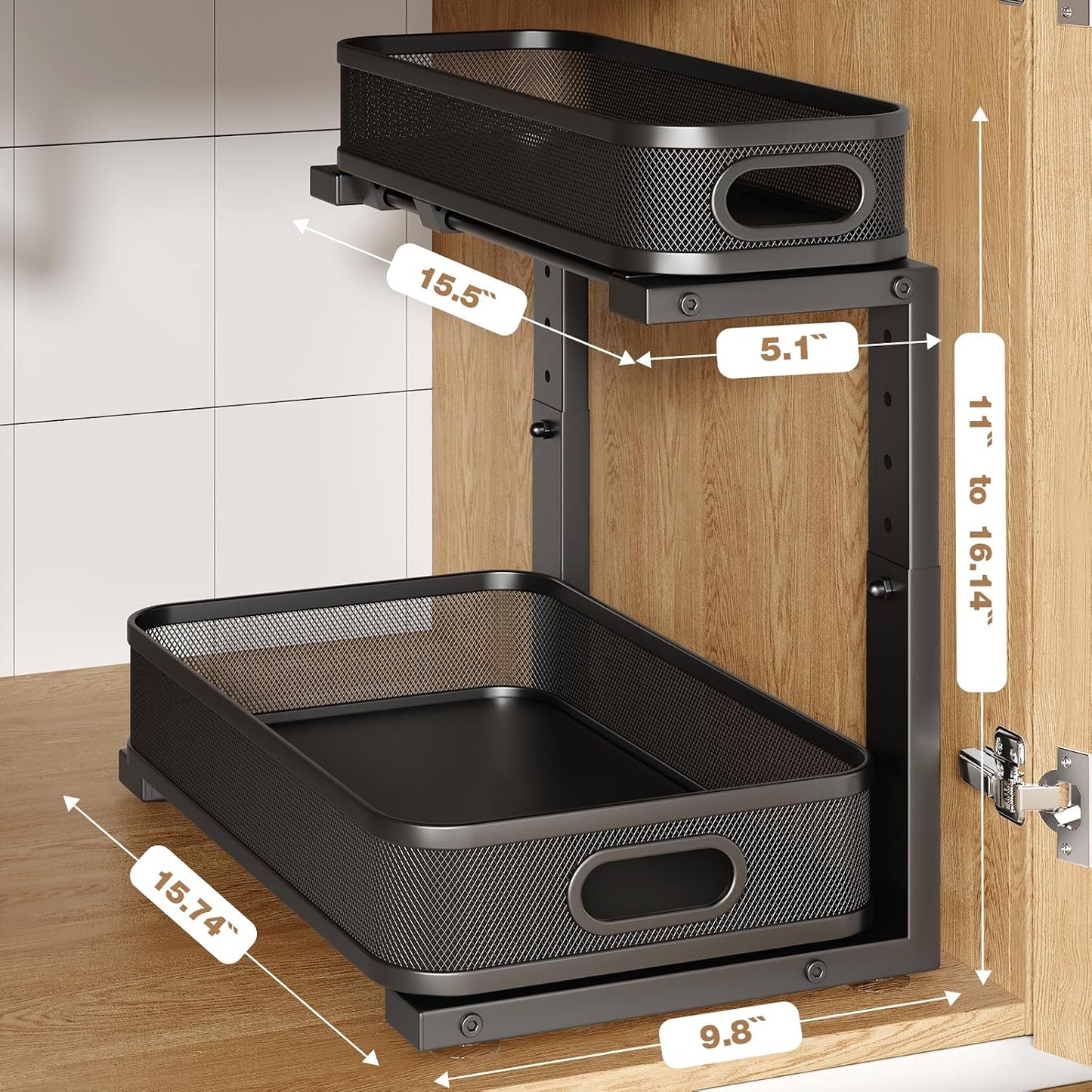 2 Pack With Smooth Cylindrical Rail,2-Tier Pull Out Multi-Purpose Cabinet Storage for Bathroom&Kitchen,Height Adjustable,Rust-resistant Coating-White