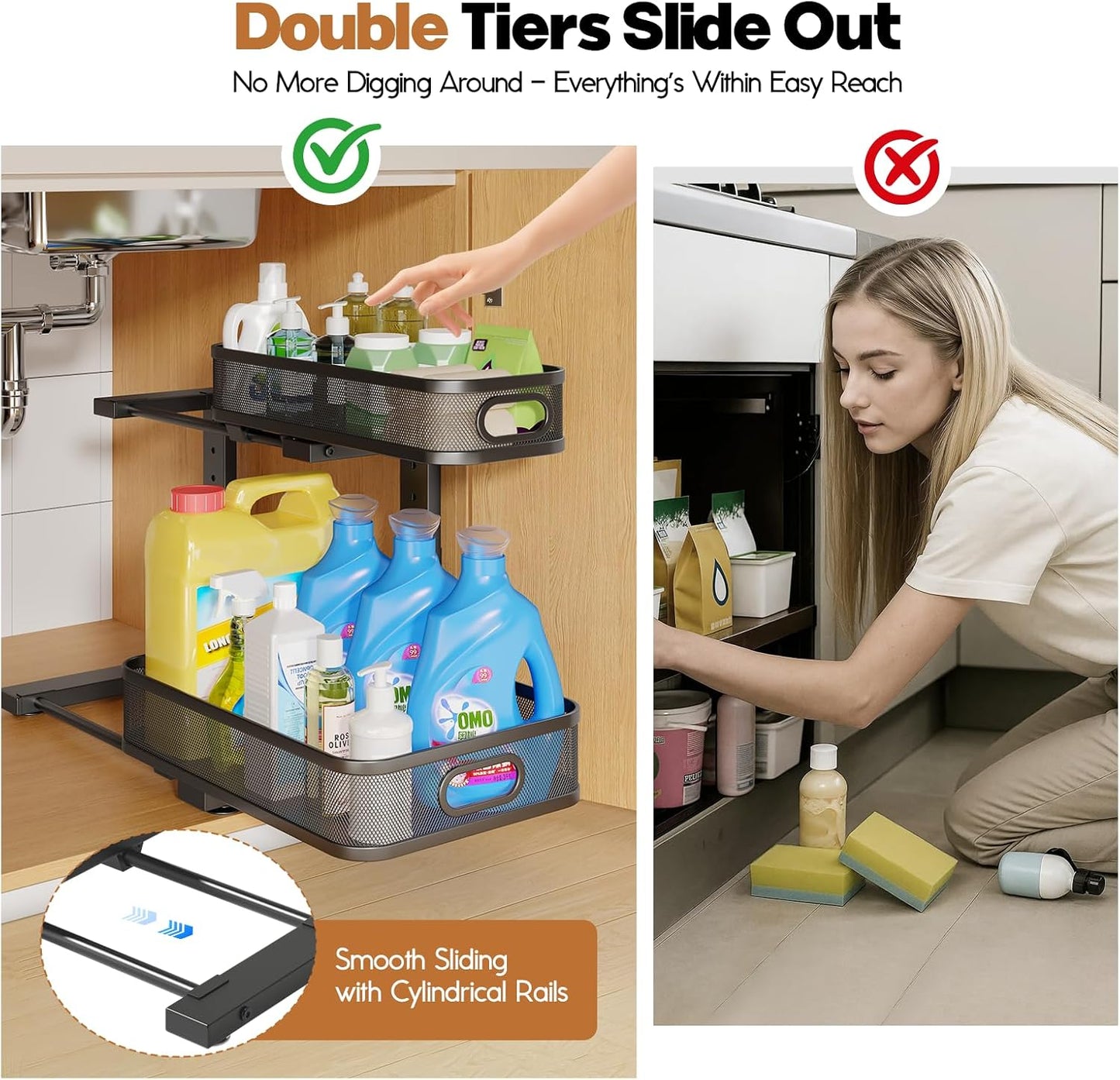 2 Pack With Smooth Cylindrical Rail,2-Tier Pull Out Multi-Purpose Cabinet Storage for Bathroom&Kitchen,Height Adjustable,Rust-resistant Coating-White