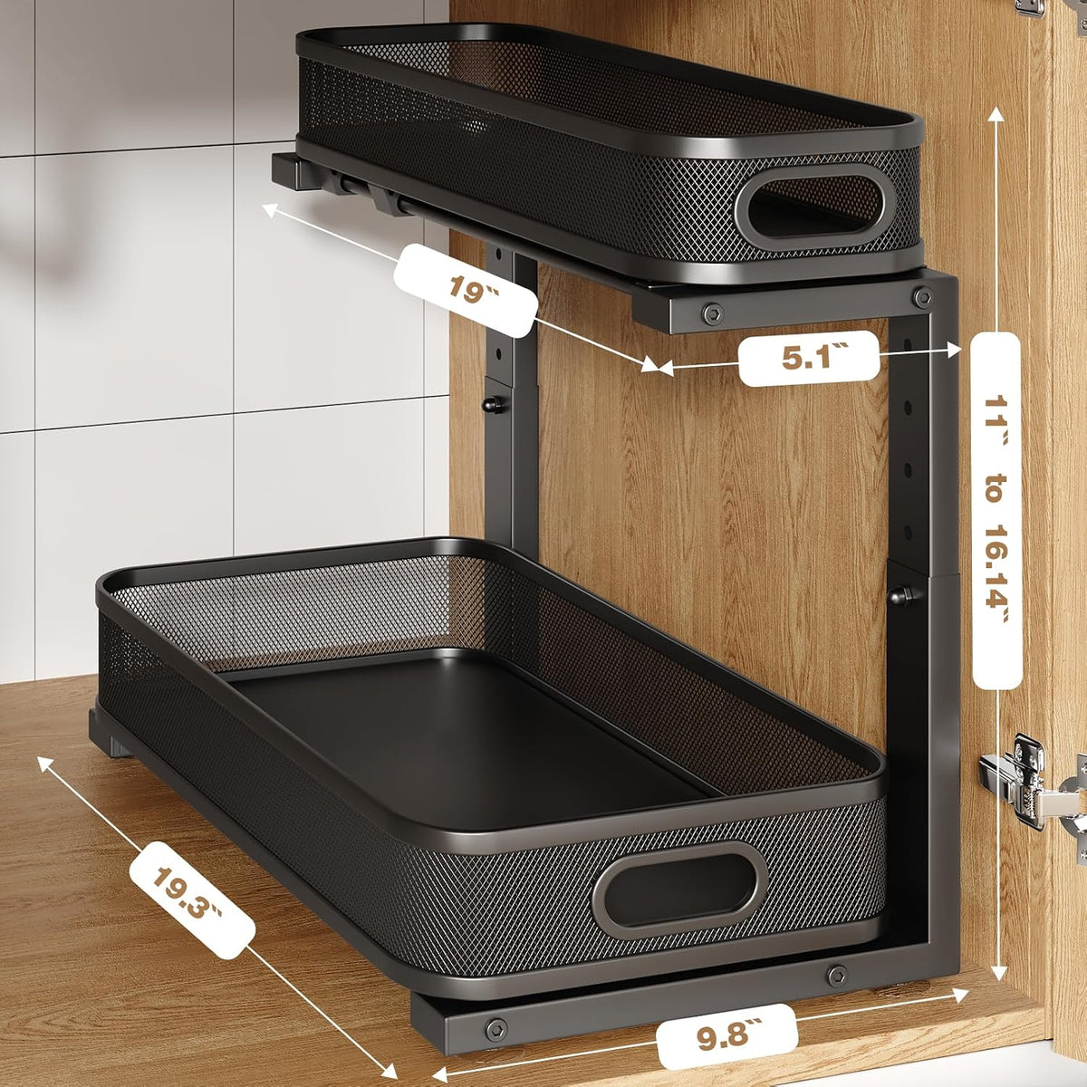 2 Pack With Smooth Cylindrical Rail,2-Tier Pull Out Multi-Purpose Cabinet Storage for Bathroom&Kitchen,Height Adjustable,Rust-resistant Coating-White