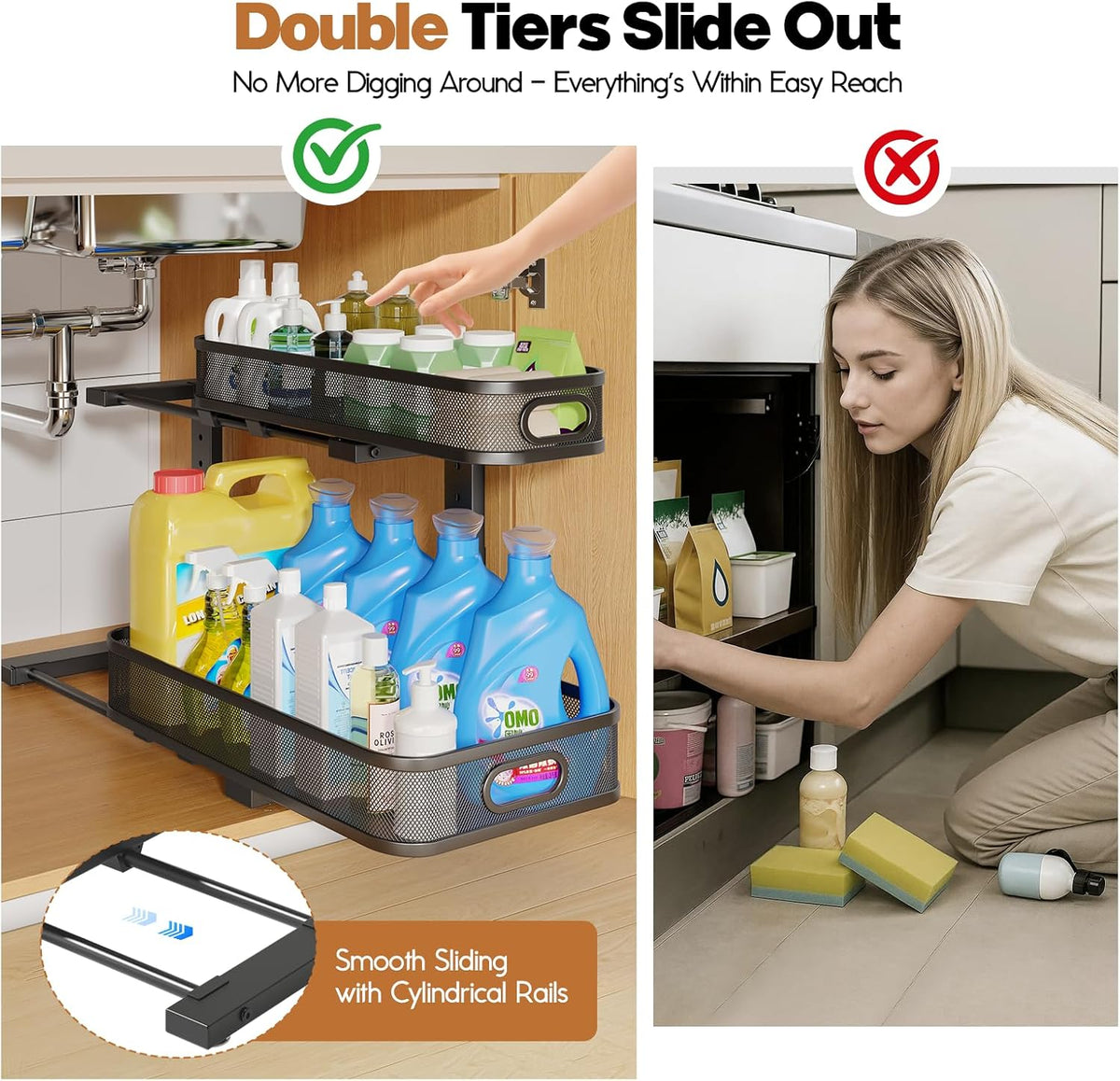 2 Pack With Smooth Cylindrical Rail,2-Tier Pull Out Multi-Purpose Cabinet Storage for Bathroom&Kitchen,Height Adjustable,Rust-resistant Coating-White