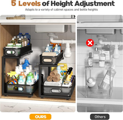 2 Pack With Smooth Cylindrical Rail,2-Tier Pull Out Multi-Purpose Cabinet Storage for Bathroom&Kitchen,Height Adjustable,Rust-resistant Coating-White