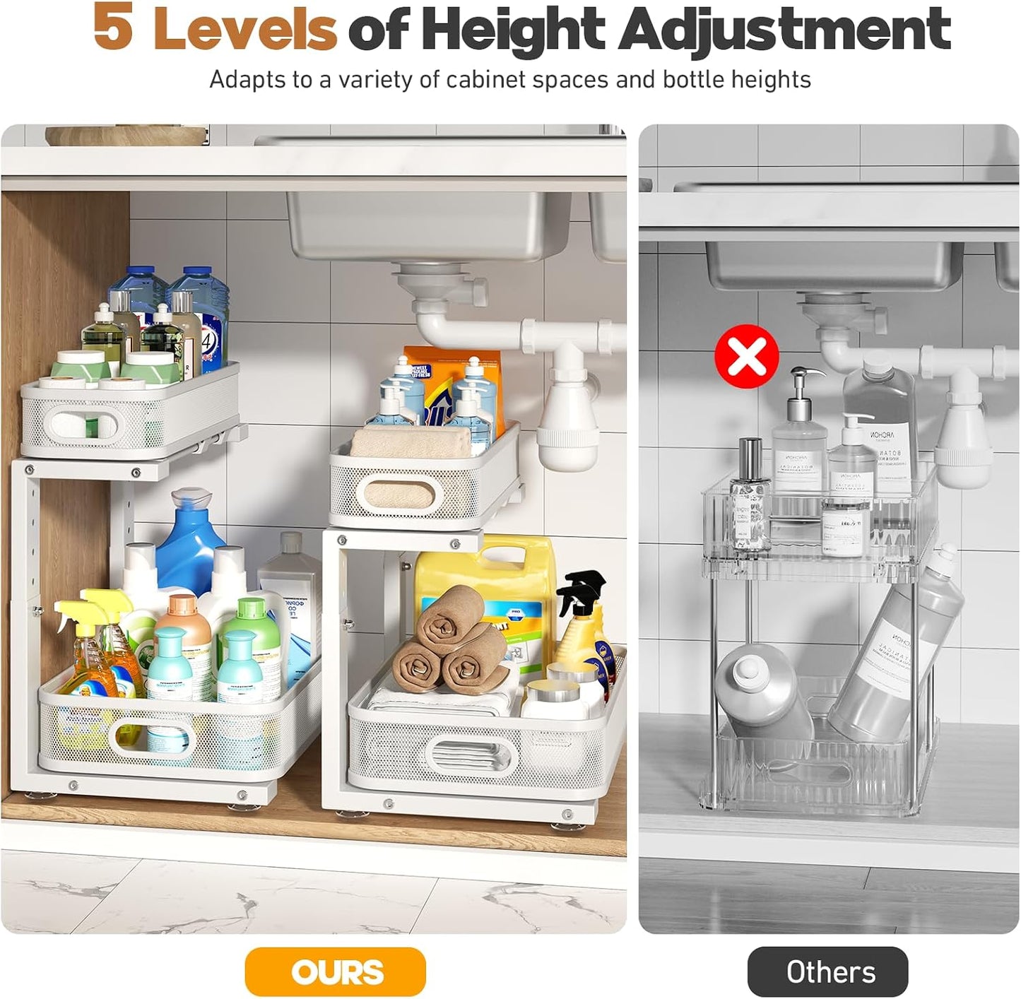 2 Pack With Smooth Cylindrical Rail,2-Tier Pull Out Multi-Purpose Cabinet Storage for Bathroom&Kitchen,Height Adjustable,Rust-resistant Coating-White