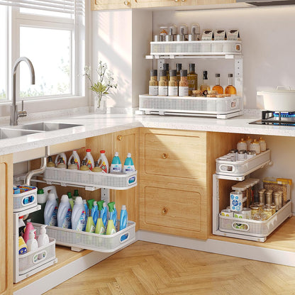 2 Pack With Smooth Cylindrical Rail,2-Tier Pull Out Multi-Purpose Cabinet Storage for Bathroom&Kitchen,Height Adjustable,Rust-resistant Coating-White
