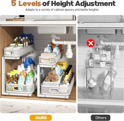 2 Pack With Smooth Cylindrical Rail,2-Tier Pull Out Multi-Purpose Cabinet Storage for Bathroom&Kitchen,Height Adjustable,Rust-resistant Coating-White