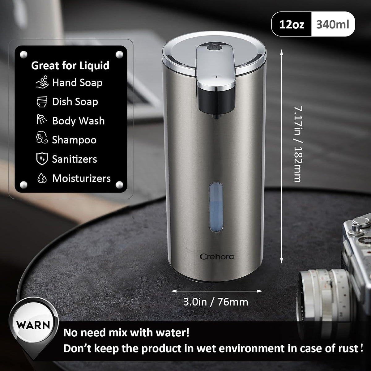 Automatic Liquid Soap Dispenser Touchless, Stainless Steel,12oz/340ml
