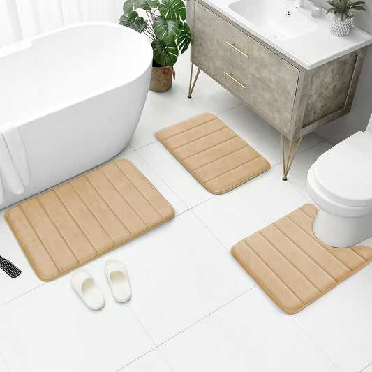 Black Memory Foam Bathroom Rug Set 3 Piece, Non Slip Extra Soft Absorbent Washable & Dry Toilet Bath Mat Sets