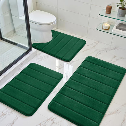 Black Memory Foam Bathroom Rug Set 3 Piece, Non Slip Extra Soft Absorbent Washable & Dry Toilet Bath Mat Sets