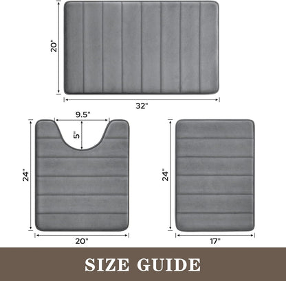 Black Memory Foam Bathroom Rug Set 3 Piece, Non Slip Extra Soft Absorbent Washable & Dry Toilet Bath Mat Sets