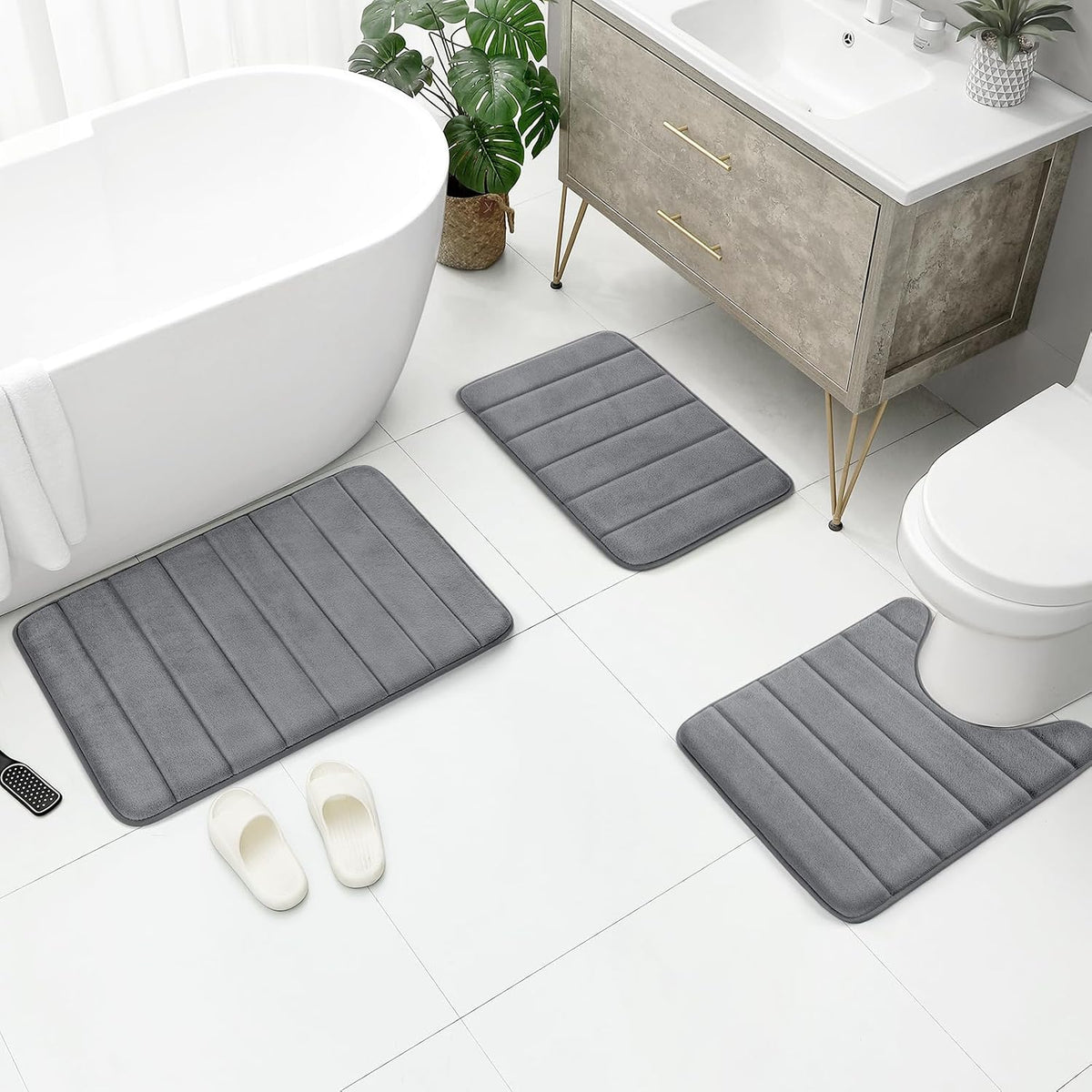 Black Memory Foam Bathroom Rug Set 3 Piece, Non Slip Extra Soft Absorbent Washable & Dry Toilet Bath Mat Sets