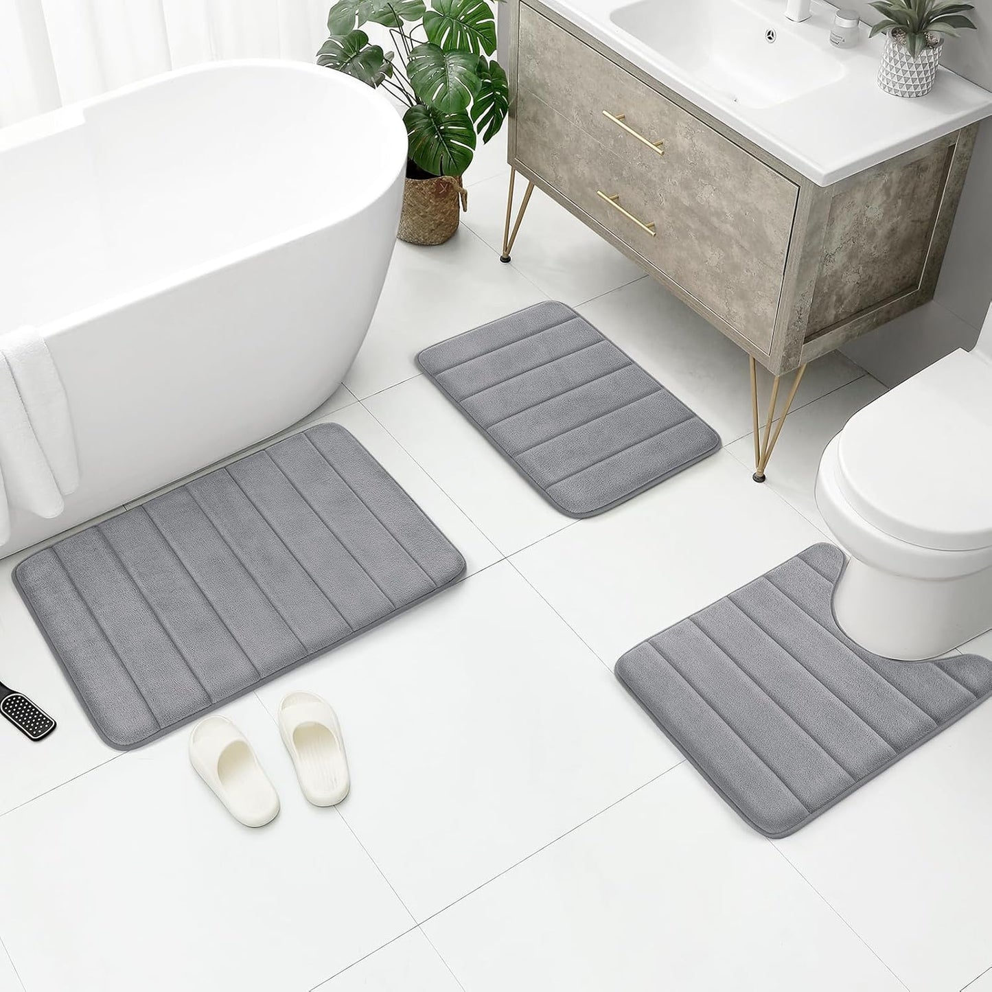 Black Memory Foam Bathroom Rug Set 3 Piece, Non Slip Extra Soft Absorbent Washable & Dry Toilet Bath Mat Sets