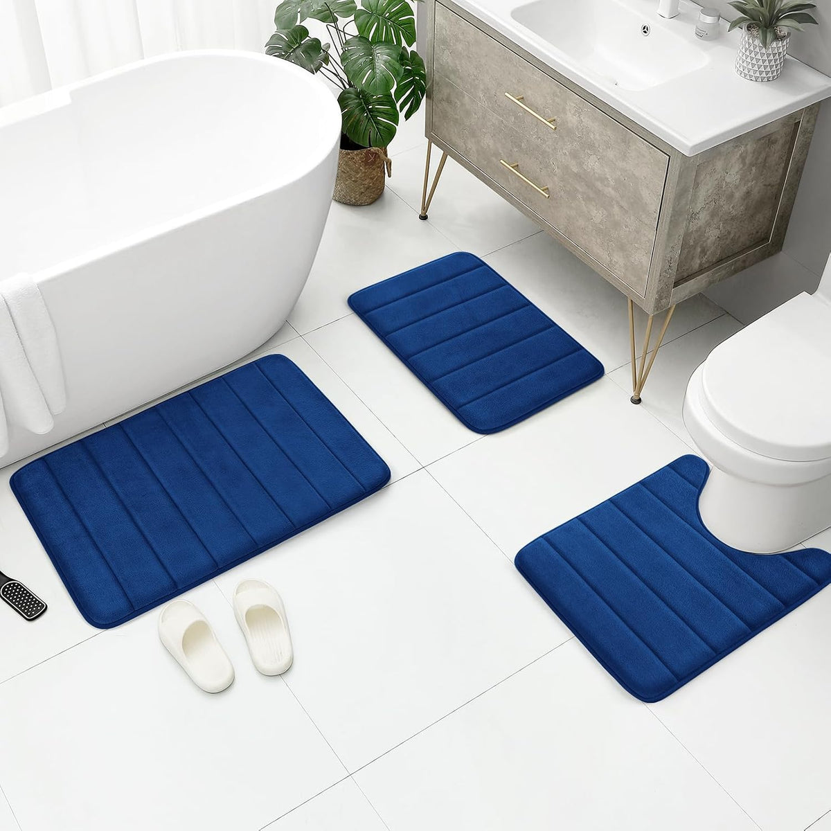 Black Memory Foam Bathroom Rug Set 3 Piece, Non Slip Extra Soft Absorbent Washable & Dry Toilet Bath Mat Sets
