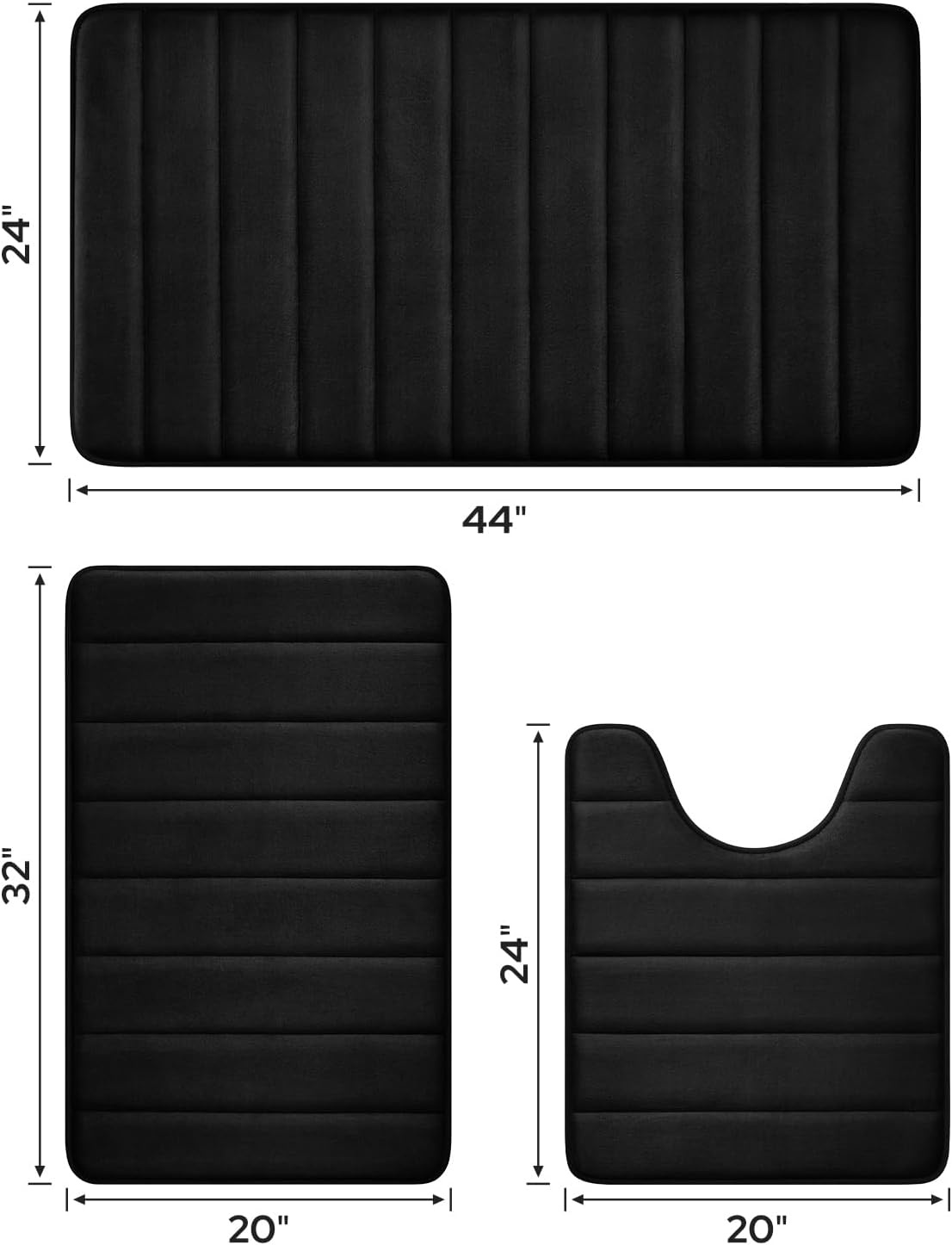Black Memory Foam Bathroom Rug Set 3 Piece, Non Slip Extra Soft Absorbent Washable & Dry Toilet Bath Mat Sets