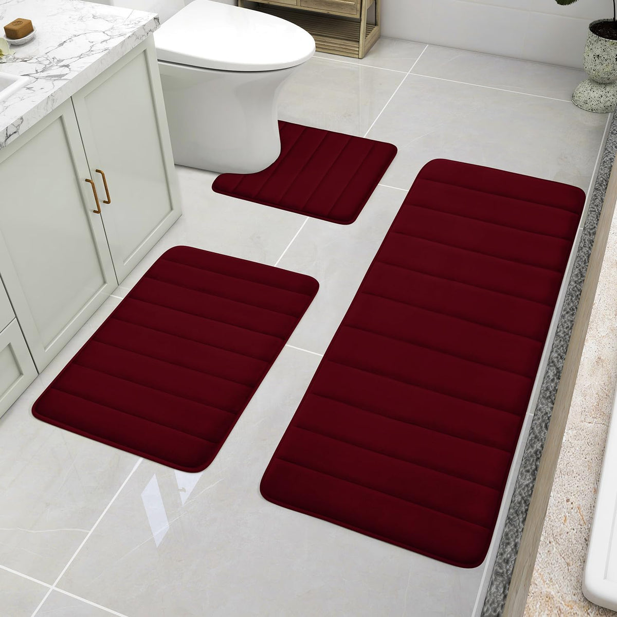 Black Memory Foam Bathroom Rug Set 3 Piece, Non Slip Extra Soft Absorbent Washable & Dry Toilet Bath Mat Sets