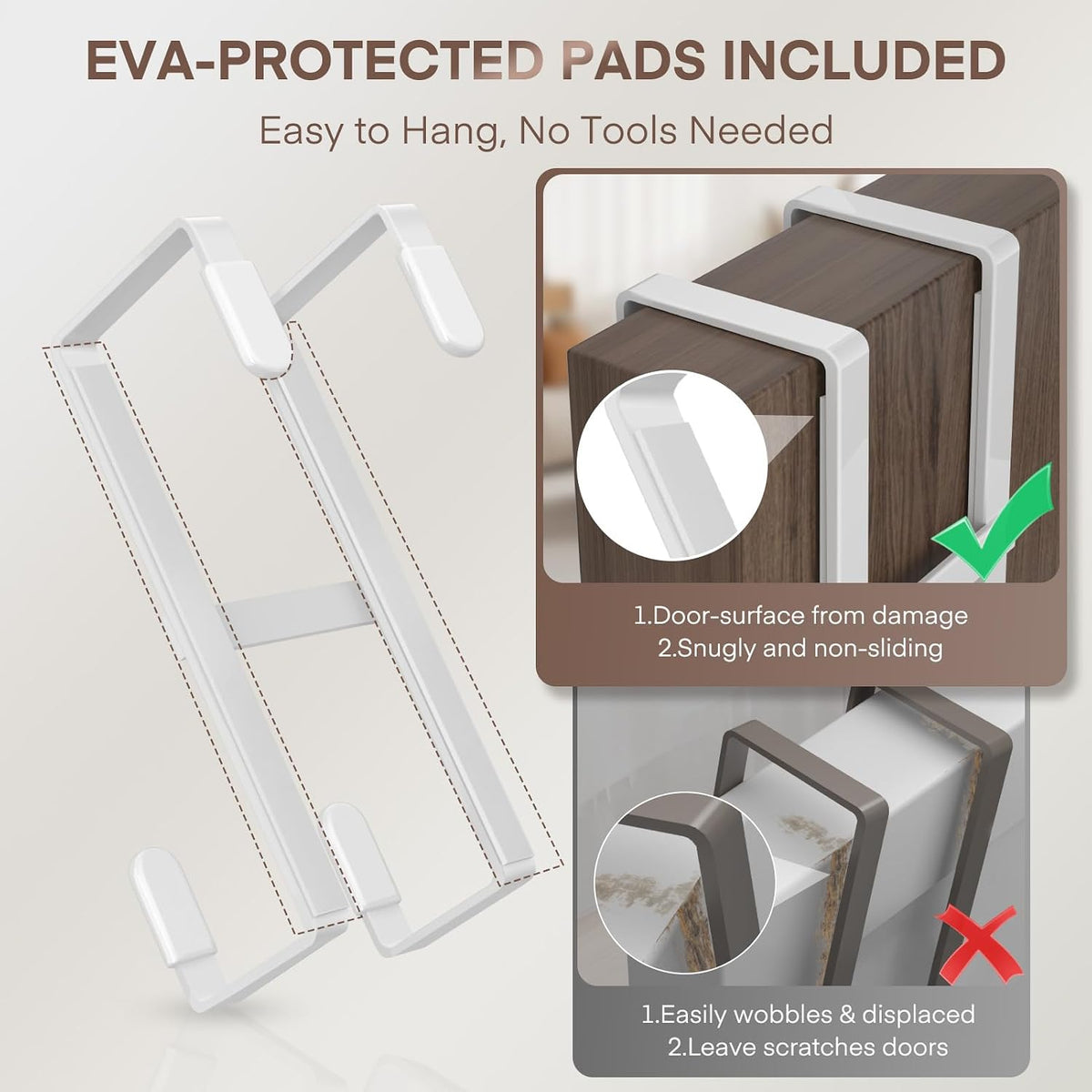Over The Door Hooks, 2 Packs Double Sided-Hanger Fits Door 1-7/8"White
